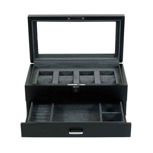 leonardo louis  Elegante  schwarz  4 Uhren mit grauem Samt + Schublade