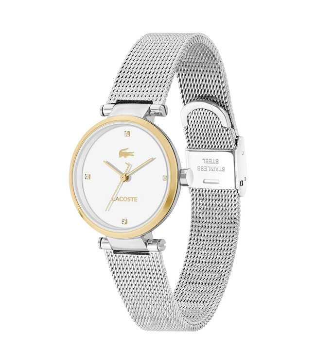Lacoste Edelstahl-Mesh-Damenuhr mit weißem Zifferblatt – 2001337
