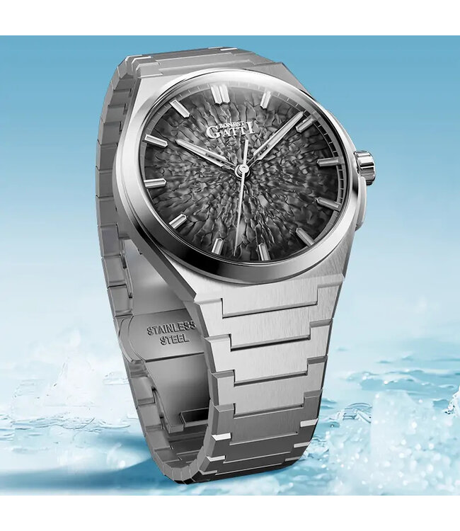 Bonest Gatti  BG8013-S1 Ice Crack Automatik Silber Herrenuhr