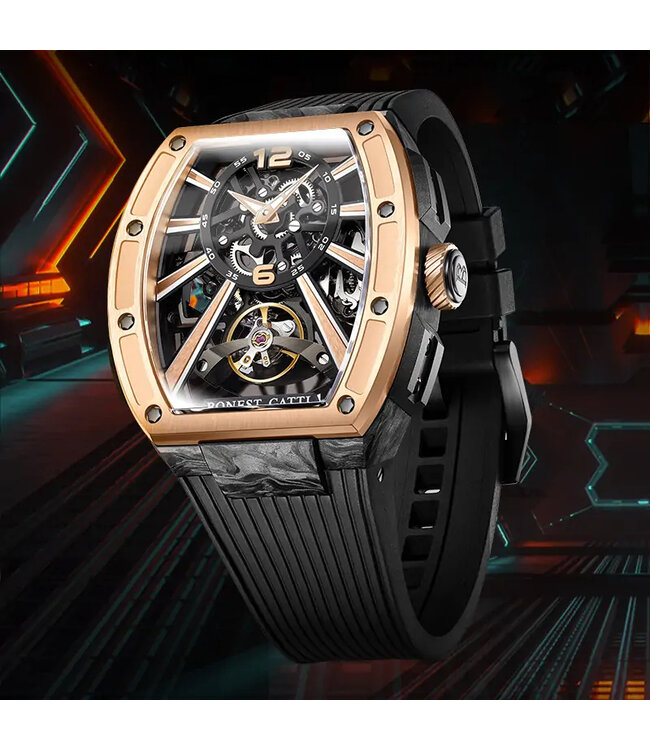 Bonest Gatti  BG9005-A2 Carbon Fiber Tonneau Skeleton Automatik Schwarz/Rosé-Gold Herrenuhr