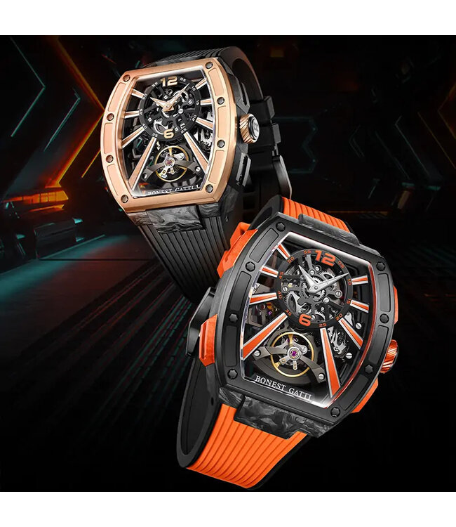 Bonest Gatti  BG9005-R3 Carbon Fiber Tonneau Skeleton Automatik Schwarz/Orange Herrenuhr