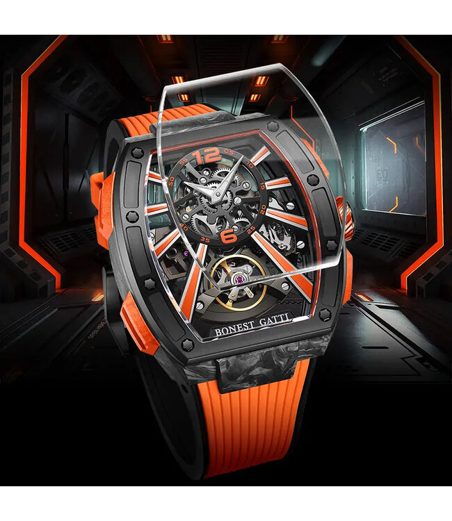 Bonest Gatti  BG9005-R3 Carbon Fiber Tonneau Skeleton Automatik Schwarz/Orange Herrenuhr
