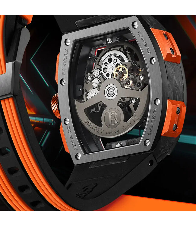 Bonest Gatti  BG9005-R3 Carbon Fiber Tonneau Skeleton Automatik Schwarz/Orange Herrenuhr