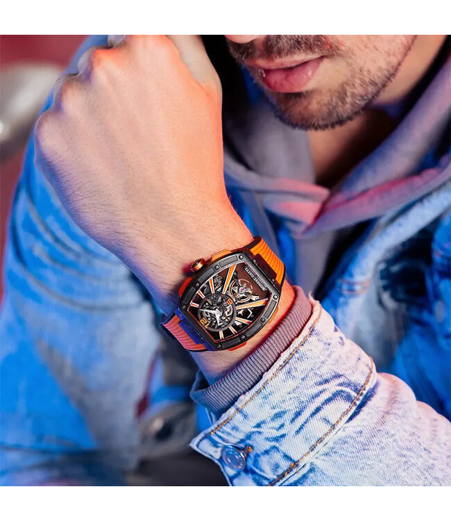 Bonest Gatti  BG9005-R3 Carbon Fiber Tonneau Skeleton Automatik Schwarz/Orange Herrenuhr