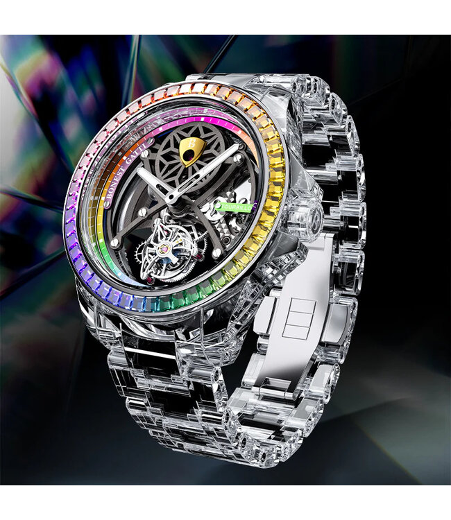 Bonest Gatti  BG7002-G1 Rainbow Bezel K9 Crystal Tourbillon Automatik Transparent Herrenuhr