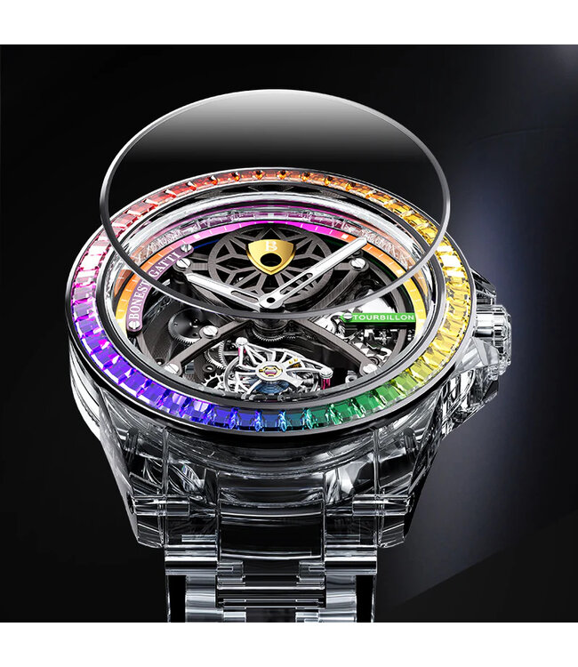 Bonest Gatti  BG7002-G1 Rainbow Bezel K9 Crystal Tourbillon Automatik Transparent Herrenuhr