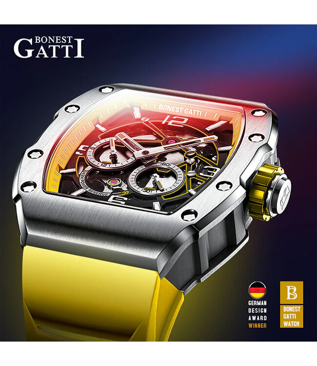 Bonest Gatti  BG9903-A3 Ghost Speed Tonneau Skeleton Automatik Silber/Gelb Herrenuhr