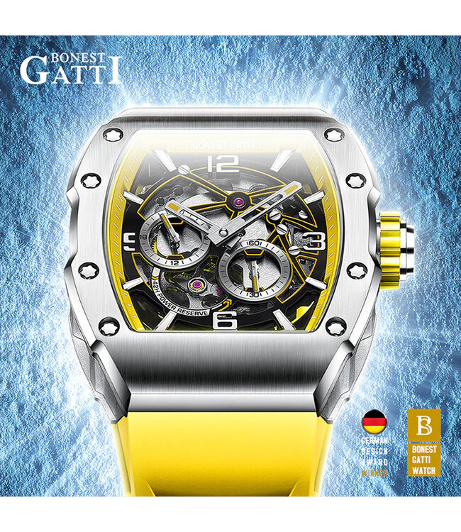 Bonest Gatti  BG9903-A3 Ghost Speed Tonneau Skeleton Automatik Silber/Gelb Herrenuhr