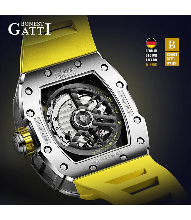 Bonest Gatti  BG9903-A3 Ghost Speed Tonneau Skeleton Automatik Silber/Gelb Herrenuhr