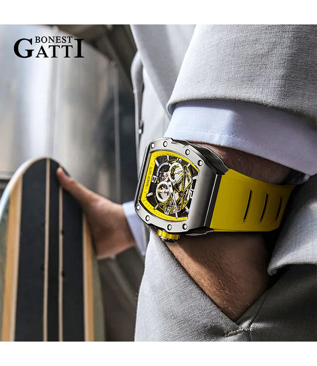 Bonest Gatti  BG9903-A3 Ghost Speed Tonneau Skeleton Automatik Silber/Gelb Herrenuhr