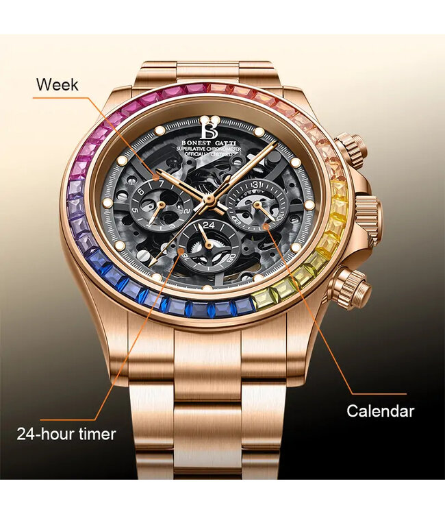 Bonest Gatti  Bonest Gatti BG8018-S2 Skeleton Automatik Gold/Regenbogen Herrenuhr