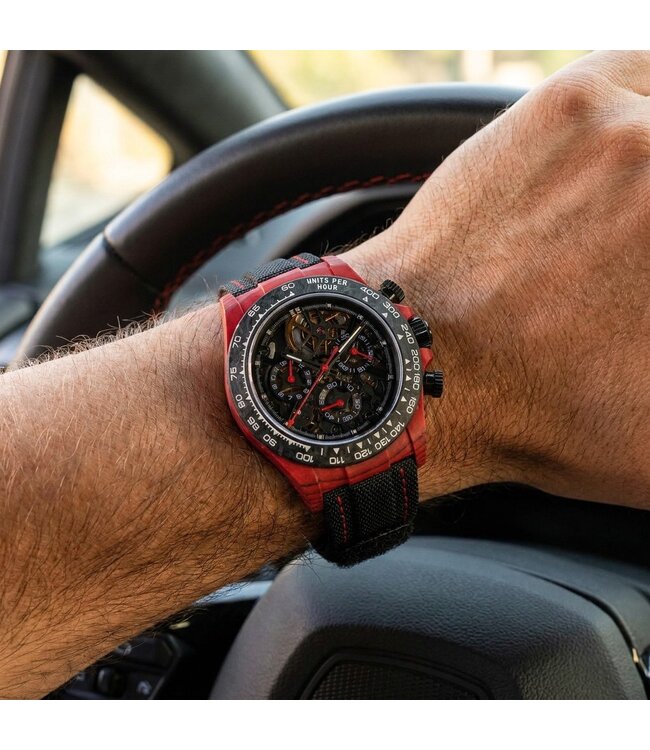Chronoguard Fibra Rosso Scheletro 41mm Carbon Skelett Automatik Rot Herrenuhr