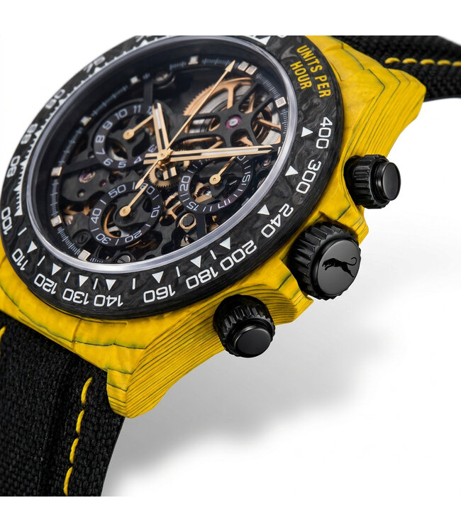 Chronoguard  Fibra Giallo Scheletro Nero 41mm Carbon Skelett Automatik Gelb Herrenuhr