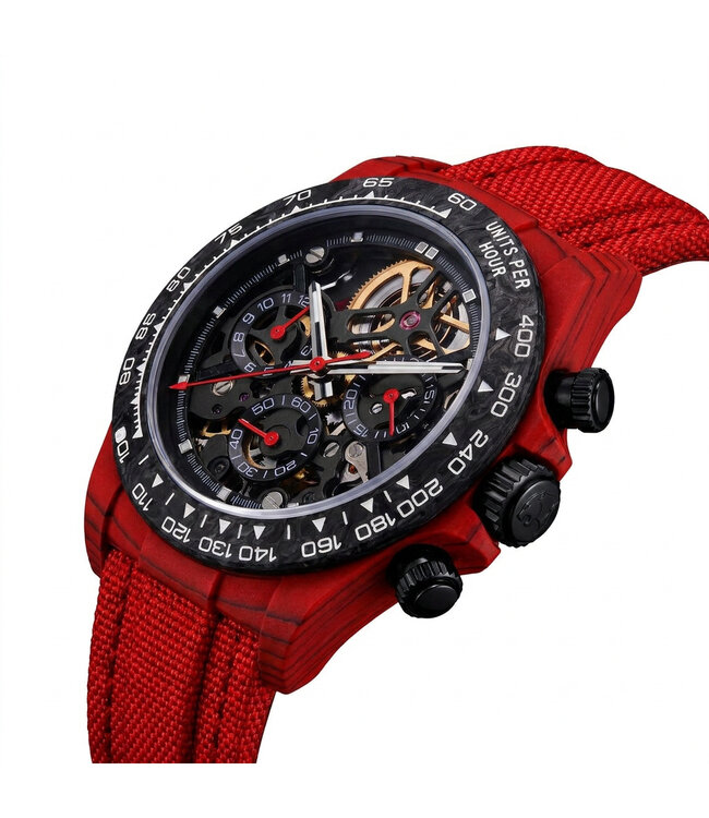 Chronoguard Fibra Rosso Scheletro Totale 41mm Carbon Skelett Automatik Rot Herrenuhr