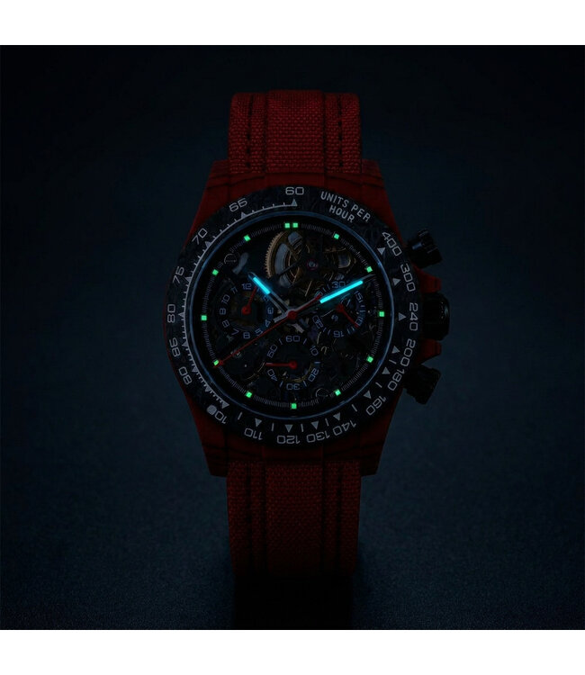 Chronoguard Fibra Rosso Scheletro Totale 41mm Carbon Skelett Automatik Rot Herrenuhr