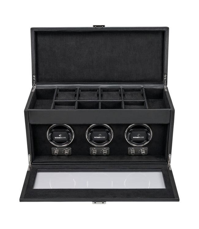 Windrose  Uhrenbeweger Luxora für 3 Uhren Schwarz/Silber mit Zusatzfach 45,7 × 23,2 cm