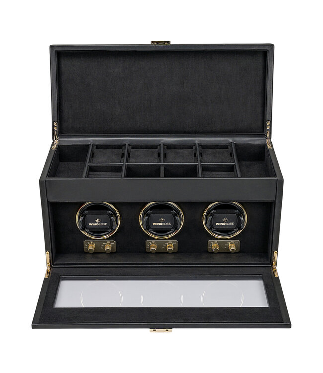 Windrose  Uhrenbeweger Luxora für 3 Uhren Schwarz/Gold mit Zusatzfach 45,7 × 23,2 cm