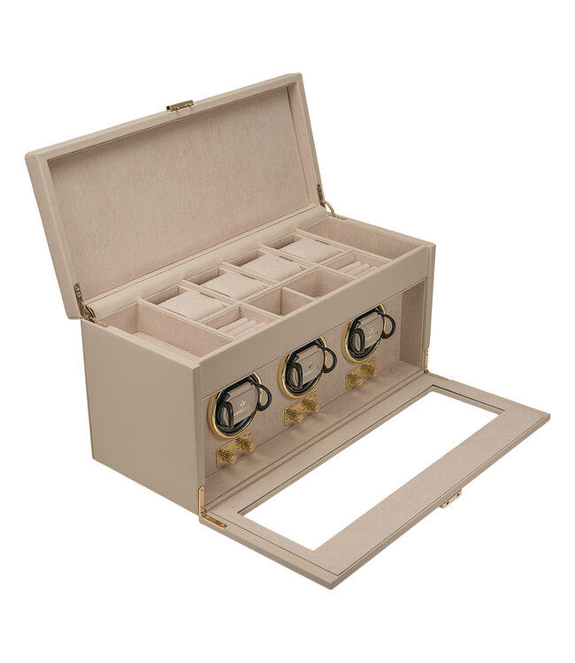Windrose  Uhrenbeweger Luxora für 3 Uhren Beige/Gold mit Zusatzfach 45,7 × 23,2 cm