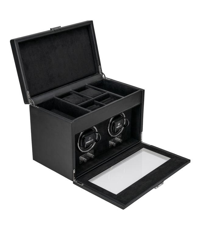 Windrose  Uhrenbeweger Luxora für 2 Uhren Schwarz/Silber mit Zusatzfach 33,7 × 23,2 cm