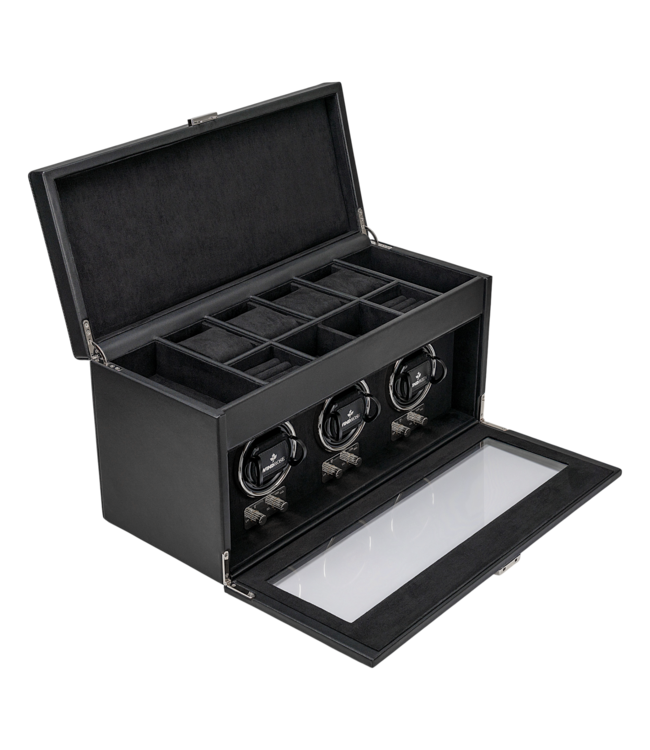 Windrose  Uhrenbeweger Luxora für 3 Uhren Schwarz/Silber mit Zusatzfach 45,7 × 23,2 cm