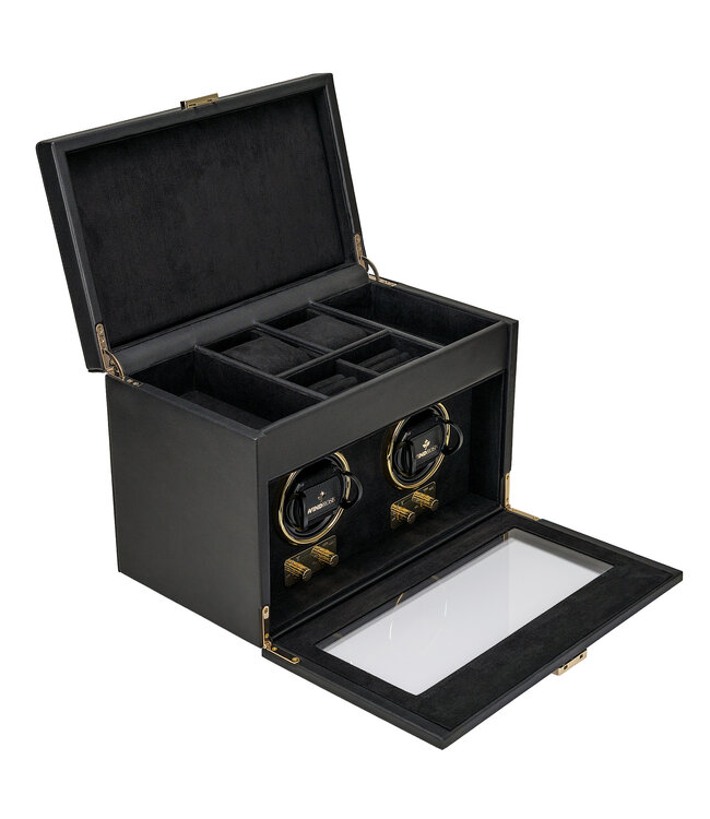 Windrose  Uhrenbeweger Luxora für 2 Uhren Schwarz/Gold mit Zusatzfach 33,7 × 23,2 cm
