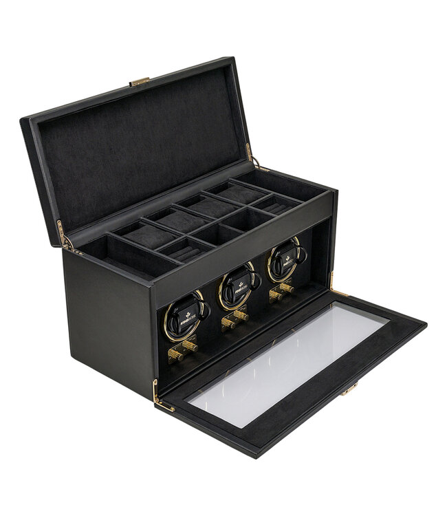 Windrose  Uhrenbeweger Luxora für 3 Uhren Schwarz/Gold mit Zusatzfach 45,7 × 23,2 cm