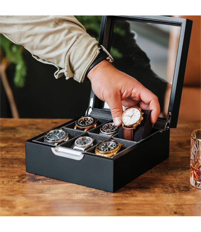 Klaro Uhrenbox Modern Schwarz mit Glasdeckel für 6 Uhren