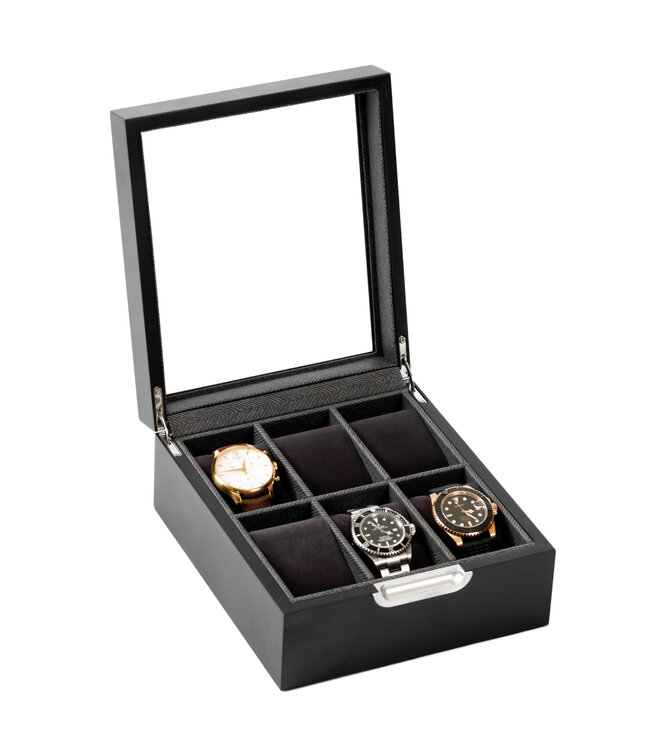 Klaro Uhrenbox Modern Schwarz mit Glasdeckel für 6 Uhren