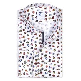 R2 White cotton shirt with multicoloured racing helmet print.