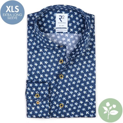 Extra lange mouwen. Blauw bloemenprint 2 PLY organic cotton overhemd.
