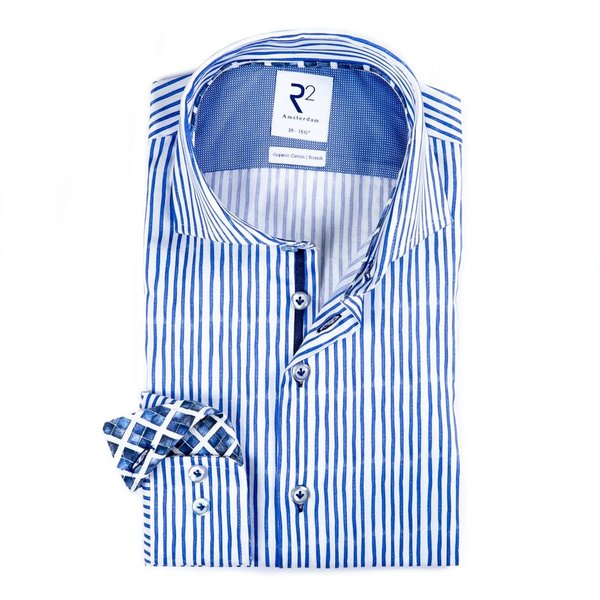 R2 Wit blauw gestreept 2 PLY organic cotton overhemd.