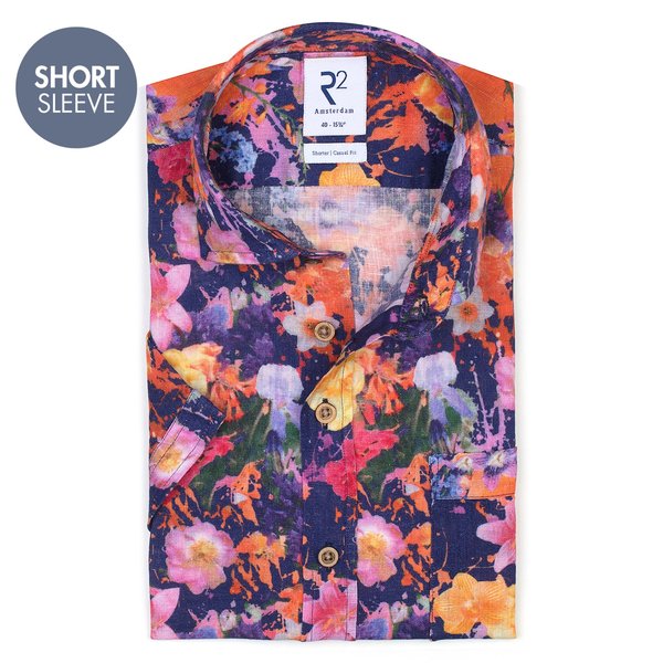 R2 Short sleeved multicoloured floral print linen shirt