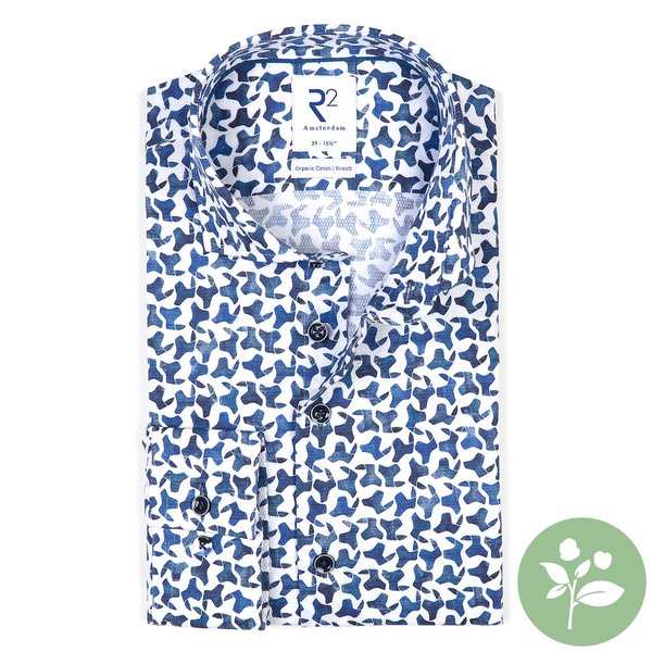 R2 Wit stoelenprint dobby organic cotton stretch overhemd