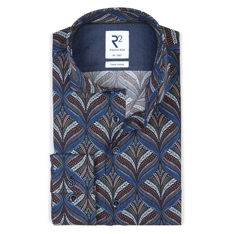 Dunkel Blau Pflanzendruck cotton-stretch Hemd