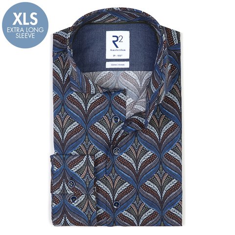 Extra lange Ärmel. Dunkel Blau Pflanzendruck cotton-stretch Hemd