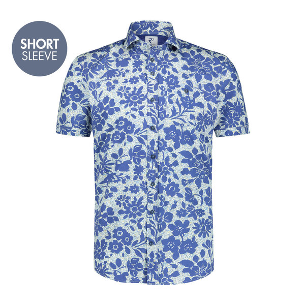 R2 Short sleeved blue floral print cotton shirt
