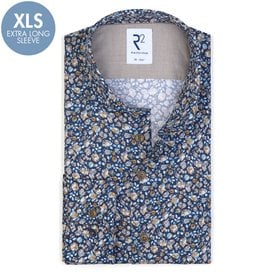 R2 Extra long sleeves. Blue floral print dobby cotton shirt