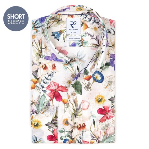 Kurzärmeliges mehrfarbig Blumendruck Baumwolle/Leinen Hemd