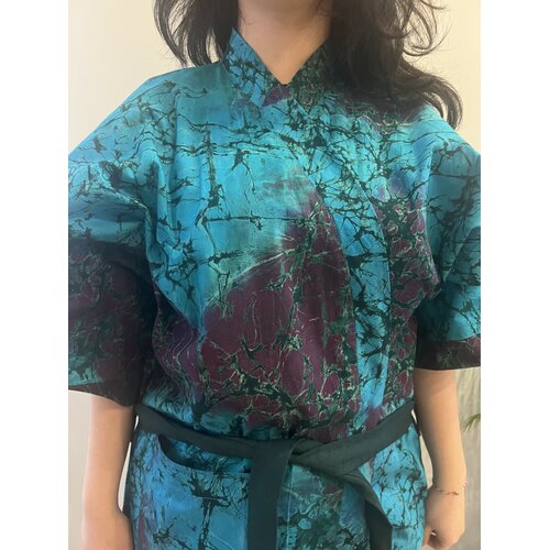 Long kimono of blue green purple tie-dye cotton Long kimono of blue green purple tie-dye cotton