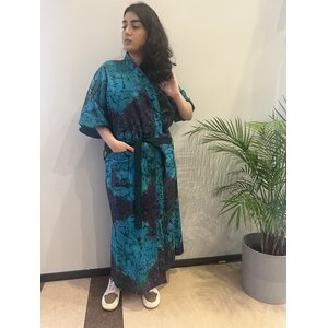 Lange kimono van  blauw groen paarse tie-dye katoen