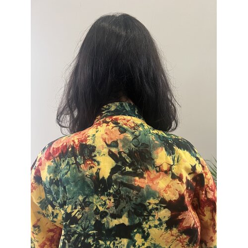 Long kimono with flower print of salmon green yellow tie-dye cotton Long kimono with flower print of salmon green yellow tie-dye cotton