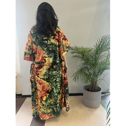Long kimono with flower print of salmon green yellow tie-dye cotton Long kimono with flower print of salmon green yellow tie-dye cotton