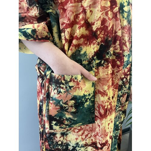 Long kimono with flower print of salmon green yellow tie-dye cotton Long kimono with flower print of salmon green yellow tie-dye cotton