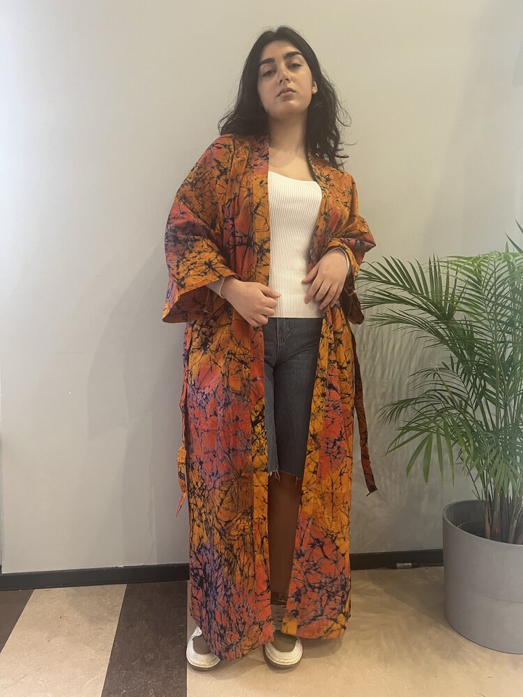 Lange kimono van oranje tie-dye katoen Lange kimono van oranje tie-dye katoen