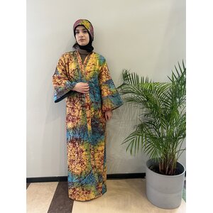 Lange kimono van  blauw geel rode tie-dye katoen