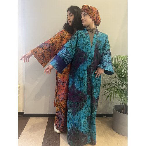 Long kimono of blue purple green tie-dye cotton Long kimono of blue purple green tie-dye cotton