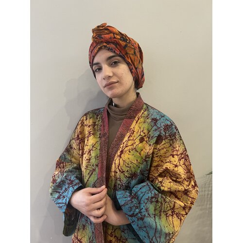 Long kimono of pink, blue yellow tie-dye cotton Long kimono of pink, blue yellow tie-dye cotton