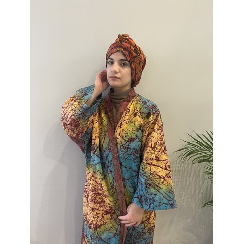 Long kimono of pink, blue yellow tie-dye cotton Long kimono of pink, blue yellow tie-dye cotton