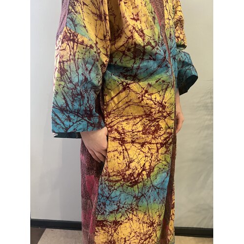Long kimono of pink, blue yellow tie-dye cotton Long kimono of pink, blue yellow tie-dye cotton