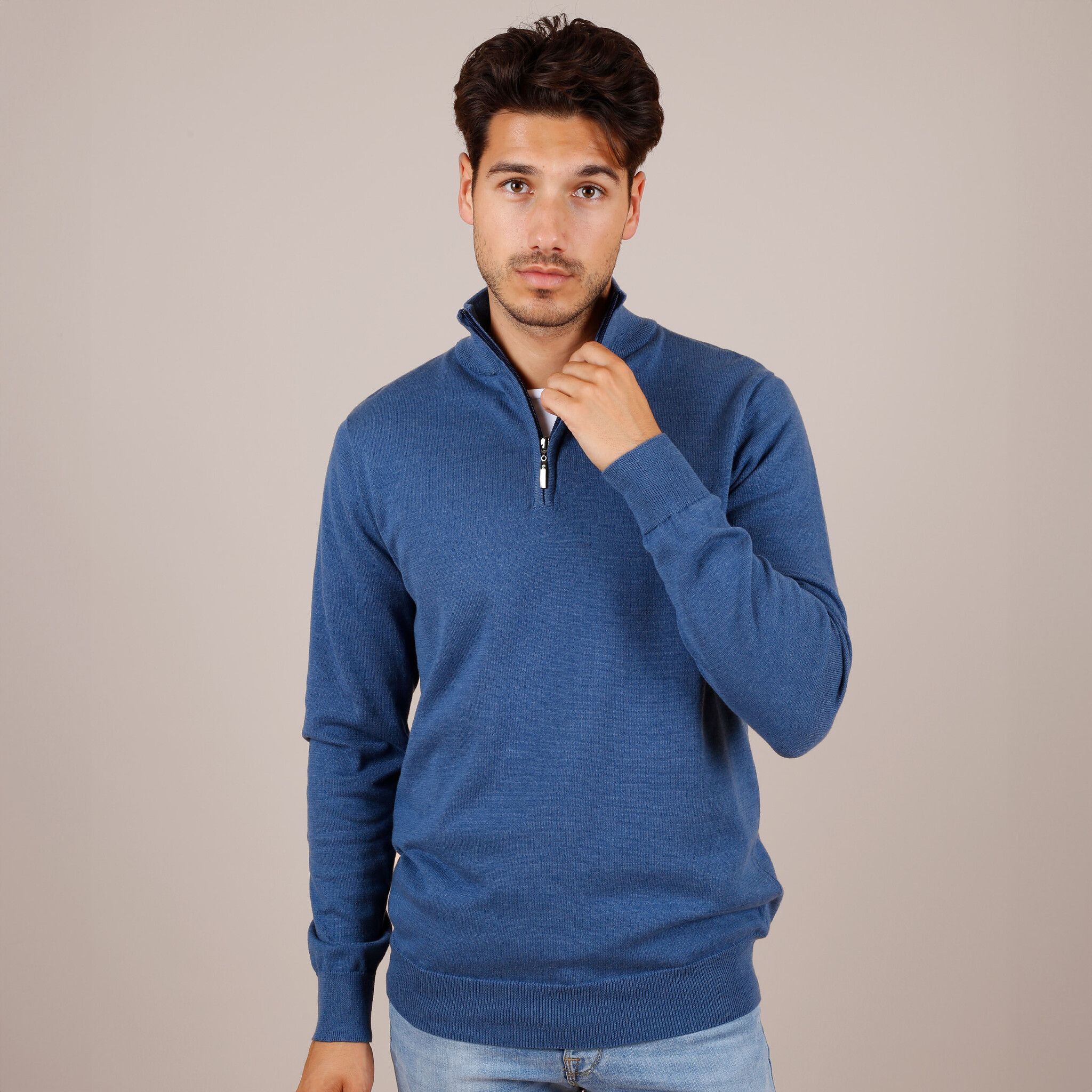 2 voor €129 | Heren Trui Kralingen | Denimblauw Melange